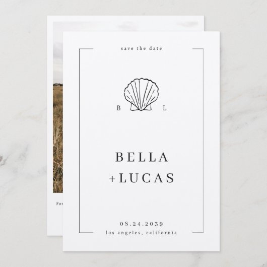 Nautische Kust Schelp Monogram QR Code Trouwen Save The Date (Voorkant / Achterkant)