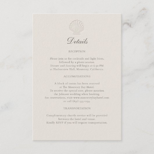 Nautische kust Shell formele bruiloft details ECRU Informatiekaartje (Voorkant)