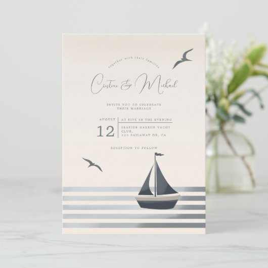 Nautische kust zeilboot bruiloft uitnodiging (Staand voorkant)