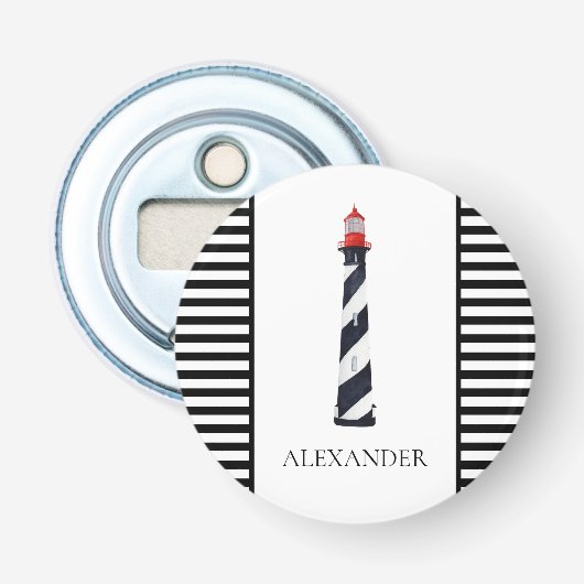 Nautische Kust Zwart Witte Vuurtoren Button Flesopener (Voorkant)
