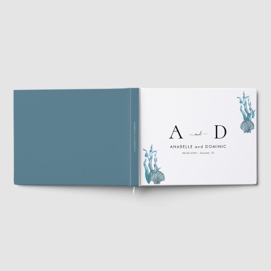 nautische kustblauwe zeeschelp bruiloft monogram gastenboek (Volledig)