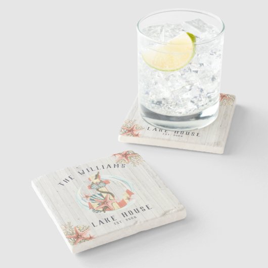 Nautische kustdoorsnee | Rustic Anchor Stenen Onderzetter (Zijkant)