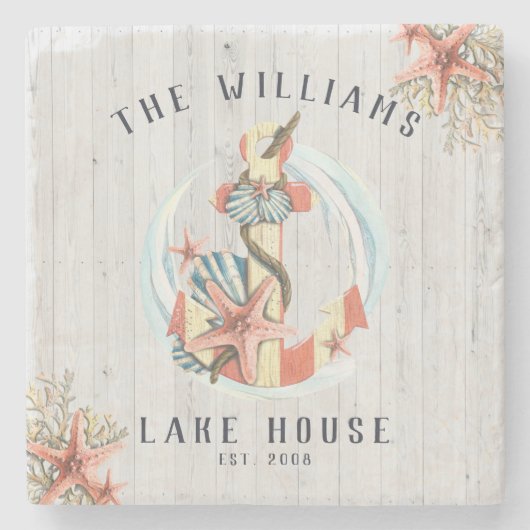 Nautische kustdoorsnee | Rustic Anchor Stenen Onderzetter (Voorkant)