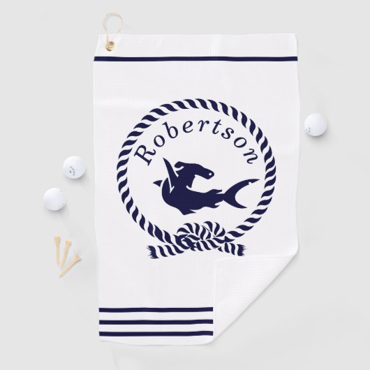 Nautische kustnaam Shark Navy Blue Golfhanddoek (Insitu)