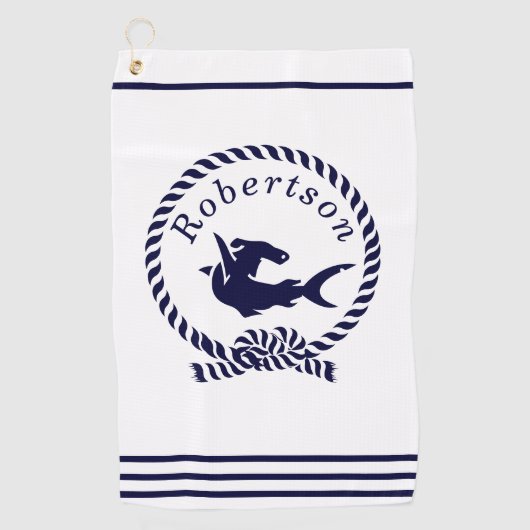 Nautische kustnaam Shark Navy Blue Golfhanddoek (Voorkant)