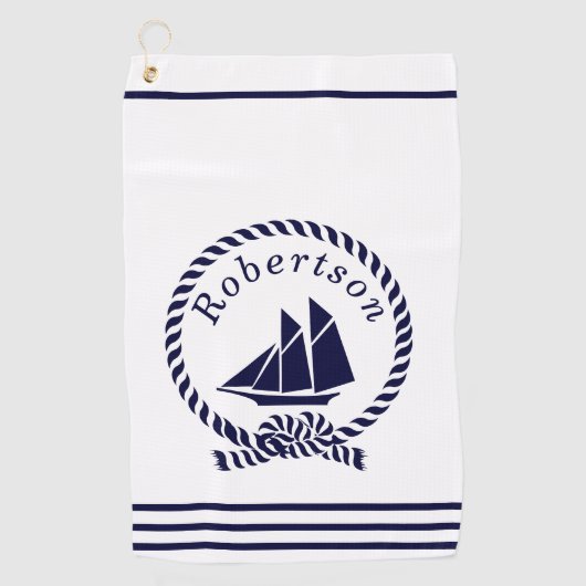 Nautische kustnaam Zeilboot Navy Blue Golfhanddoek (Voorkant)