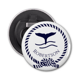 Nautische kustnaam Zeilboot Whale Navy Blue Button Flesopener