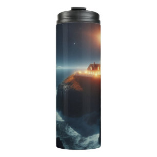 Nautische/kustvuurtoren 's nachts bij maan thermosbeker