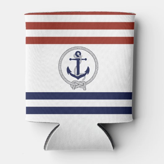 Nautische marine anker/touw, rood/blauwe streep blikjeskoeler (Voorkant)