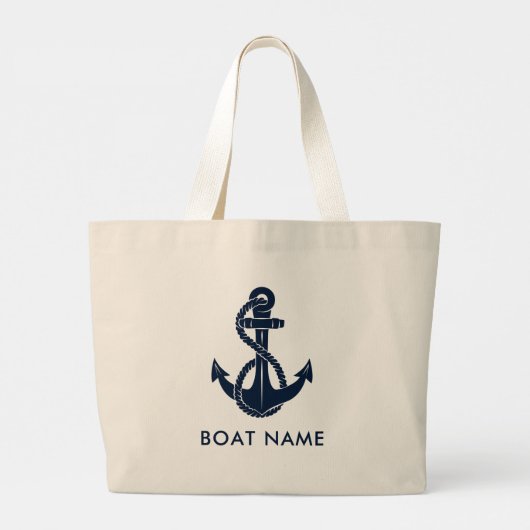 Nautische Marine Blauw Anker Boot Naam Custom Grote Tote Bag (Achterkant)
