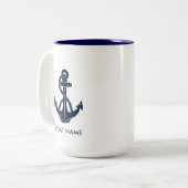 Nautische Marine Blauw Anker Boot Naam Custom Tweekleurige Koffiemok (Voorkant links)