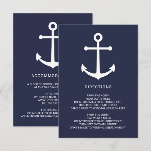 Nautische marine blauw anker bruiloft details kaart (Voorkant / Achterkant)