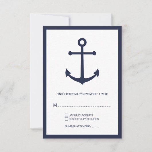 Nautische marine blauw anker bruiloft RSVP Kaartje (Voorkant)