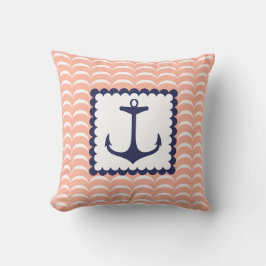 Nautische marine blauw anker koraal roze golven kussen