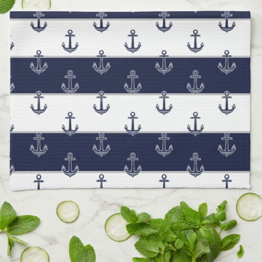Nautische Marine Blauw Anker Kust Monogram Keuken Theedoek (Gevouwen)
