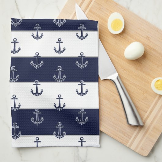 Nautische Marine Blauw Anker Kust Monogram Keuken Theedoek (Quarter Fold)