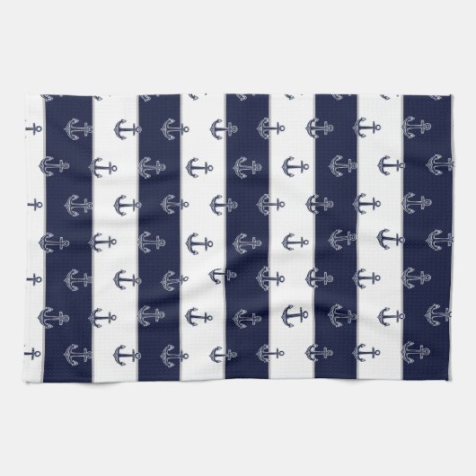 Nautische Marine Blauw Anker Kust Monogram Keuken Theedoek (Horizontaal)