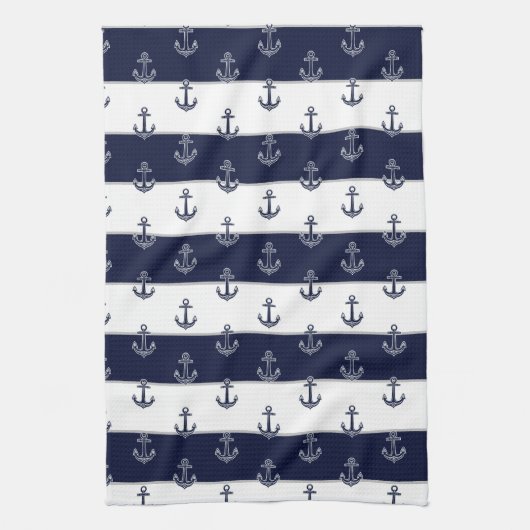 Nautische Marine Blauw Anker Kust Monogram Keuken Theedoek (Verticaal)