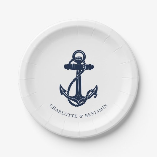 Nautische Marine Blauw Anker Kustbruiloft Papieren Bordje (Voorkant)