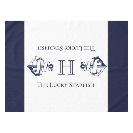 Nautische Marine Blauw Anker Kustkust Monogrammed  Tafelkleed (Voorkant (Horizontaal))