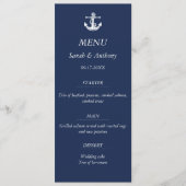 Nautische Marine Blauw Anker Modern Huwelijksvoeds Menu (Voorkant)