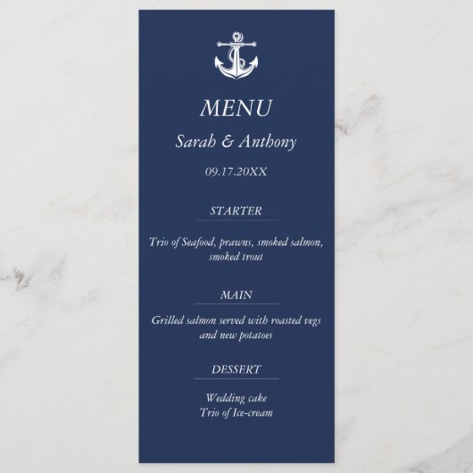 Nautische Marine Blauw Anker Modern Huwelijksvoeds Menu (Voorkant)