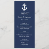 Nautische Marine Blauw Anker Modern Huwelijksvoeds Menu (Voorkant)