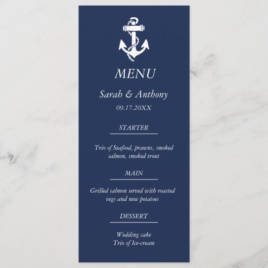 Nautische Marine Blauw Anker Modern Huwelijksvoeds Menu (Voorkant)
