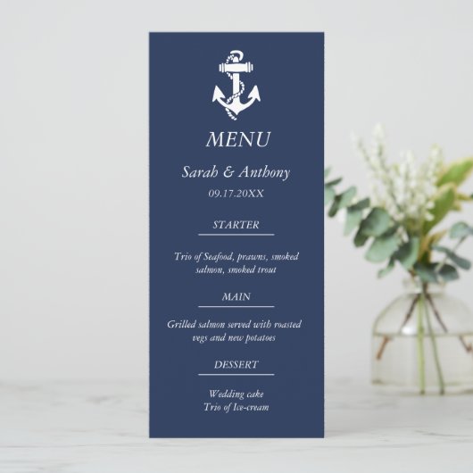 Nautische Marine Blauw Anker Modern Huwelijksvoeds Menu (Staand voorkant)