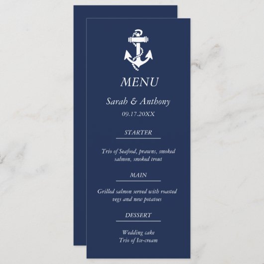 Nautische Marine Blauw Anker Modern Huwelijksvoeds Menu (Voorkant / Achterkant)