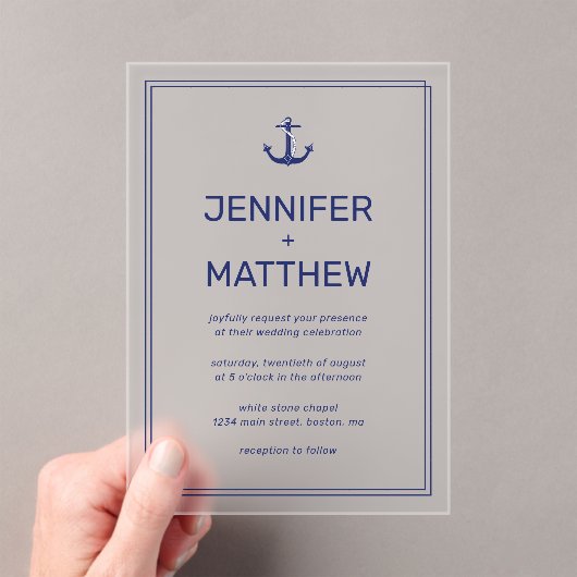Nautische Marine Blauw Anker Modern Script Wedding Acryl Uitnodigingen (Insitu (Draagbaar))