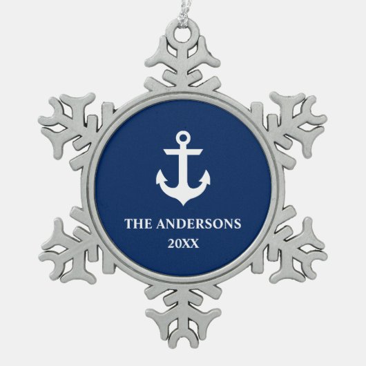 Nautische Marine Blauw Anker Naam Jaar S Tin Sneeuwvlok Ornament (Voorkant)
