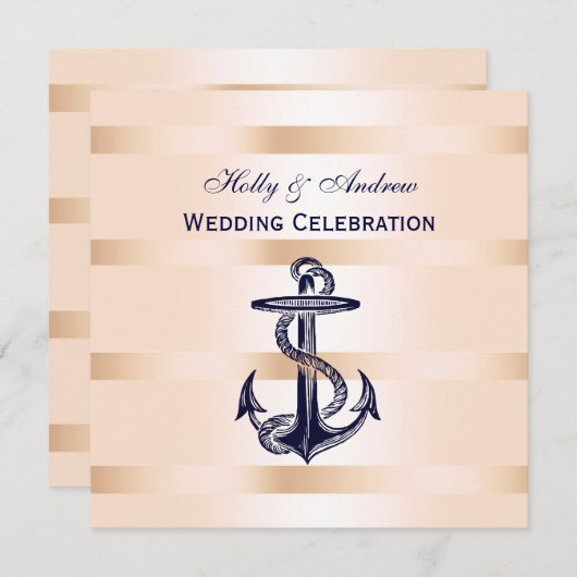Nautische marine blauw anker roze BG SQ bruiloft Kaart (Voorkant / Achterkant)