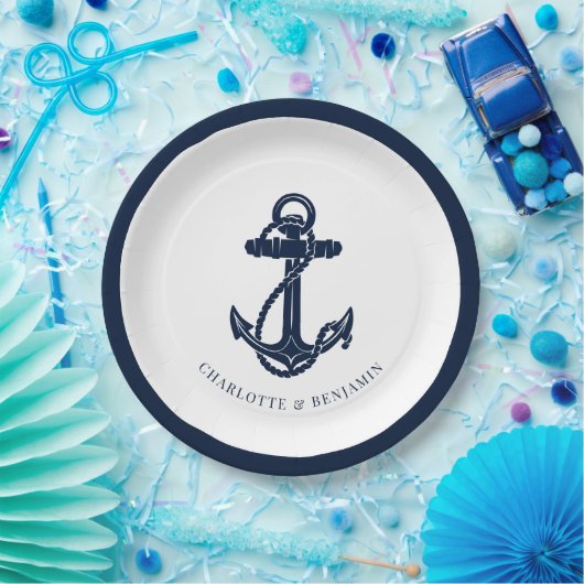 Nautische marine blauw anker strand bruiloft papieren bordje (Feest)