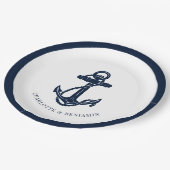 Nautische marine blauw anker strand bruiloft papieren bordje (Gekanteld)