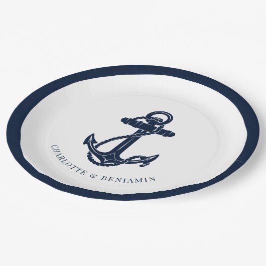 Nautische marine blauw anker strand bruiloft papieren bordje (Gekanteld)