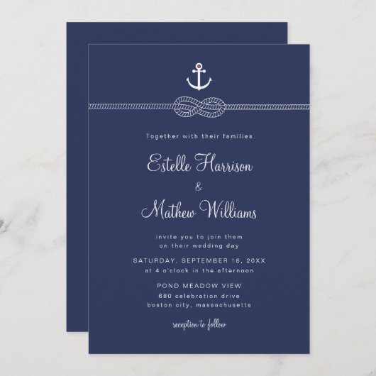 Nautische Marine Blauw Anker Touw QR Code Huwelijk Kaart (Voorkant / Achterkant)