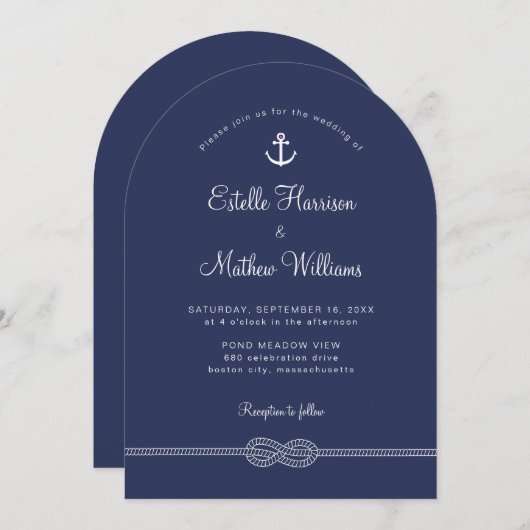 Nautische Marine Blauw Anker Touw QR Code Huwelijk Kaart (Voorkant / Achterkant)