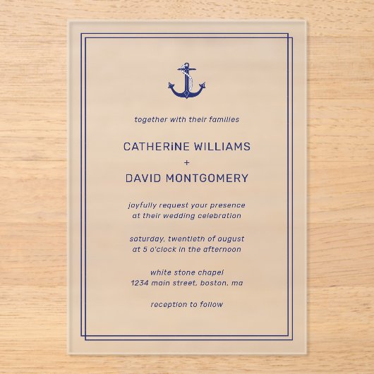 Nautische Marine Blauw Anker Typografie Huwelijk Acryl Uitnodigingen (Voorkant)