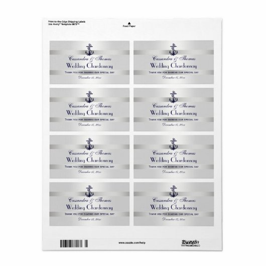 Nautische Marine Blauw Anker Zilver WHT Wijnfles Etiket (Full Sheet)