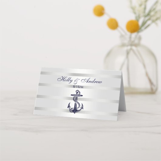 Nautische Marine Blauw Anker Zilver Wit Plaatskaartje (Voorkant)