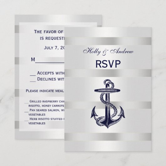 Nautische Marine Blauw Anker Zilver Wit V RSVP Men (Voorkant / Achterkant)