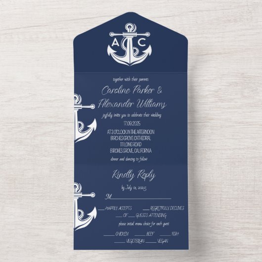 Nautische Marine Blauw Elegant Moderne Boot Bruilo All In One Uitnodiging (Binnen)