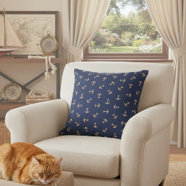 Nautische Marine Blauw en Goud Anker Patroon Sofa Kussen