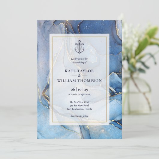 Nautische Marine Blauw en Gouden Agaat Anker Weddi Kaart (Staand voorkant)