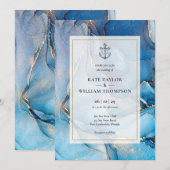 Nautische Marine Blauw en Gouden Agaat Anker Weddi Kaart (Voorkant / Achterkant)