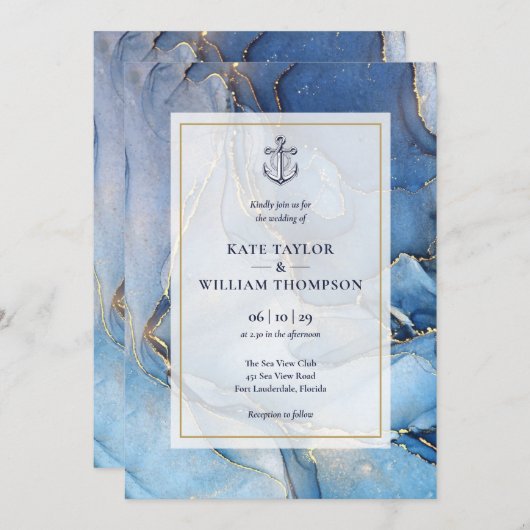 Nautische Marine Blauw en Gouden Agaat Anker Weddi Kaart (Voorkant / Achterkant)