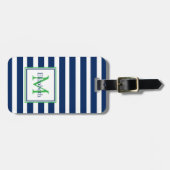 Nautische Marine Blauw en Groene Streep Monogram Bagagelabel (Voorkant horizontaal)