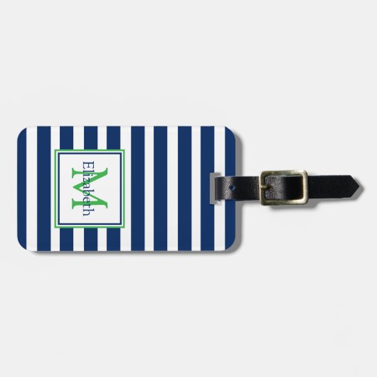 Nautische Marine Blauw en Groene Streep Monogram Bagagelabel (Voorkant horizontaal)