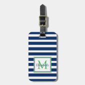 Nautische Marine Blauw en Groene Streep Monogram Bagagelabel (Voorkant verticaal)